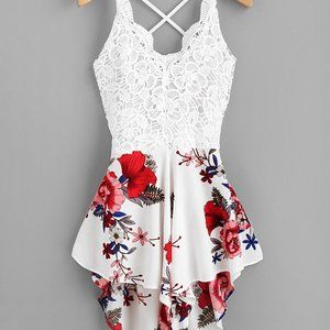 Crochet Lace Floral Print Self-Tie Romper